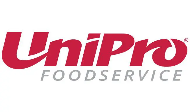A red and white logo for unipro food service.