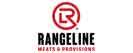 A red and black logo for rangeline meats & provisions.